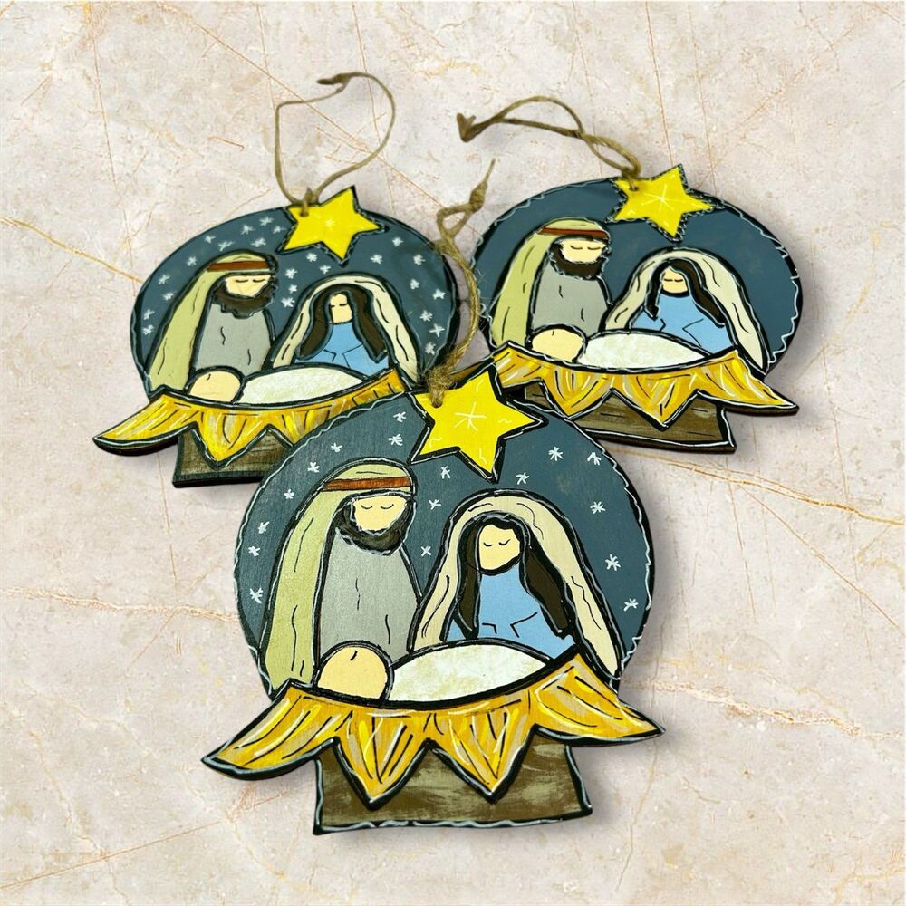 3 Piece Hand Painted Wooden Nativity Christmas Ornament Set Jesus Merry
